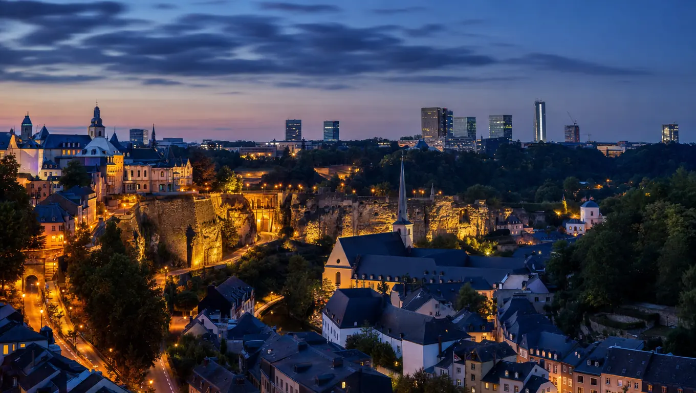 Luxembourg à l'heure bleue, la vieille ville et le quartier du Kirchberg